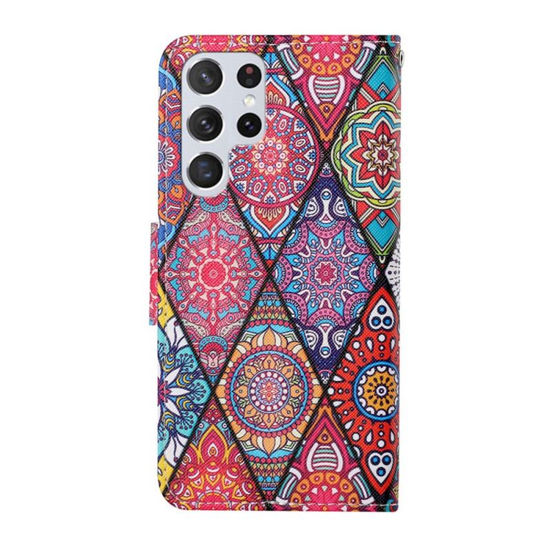 Housse Samsung Galaxy S22 Ultra 5G Patchwork avec Lanière