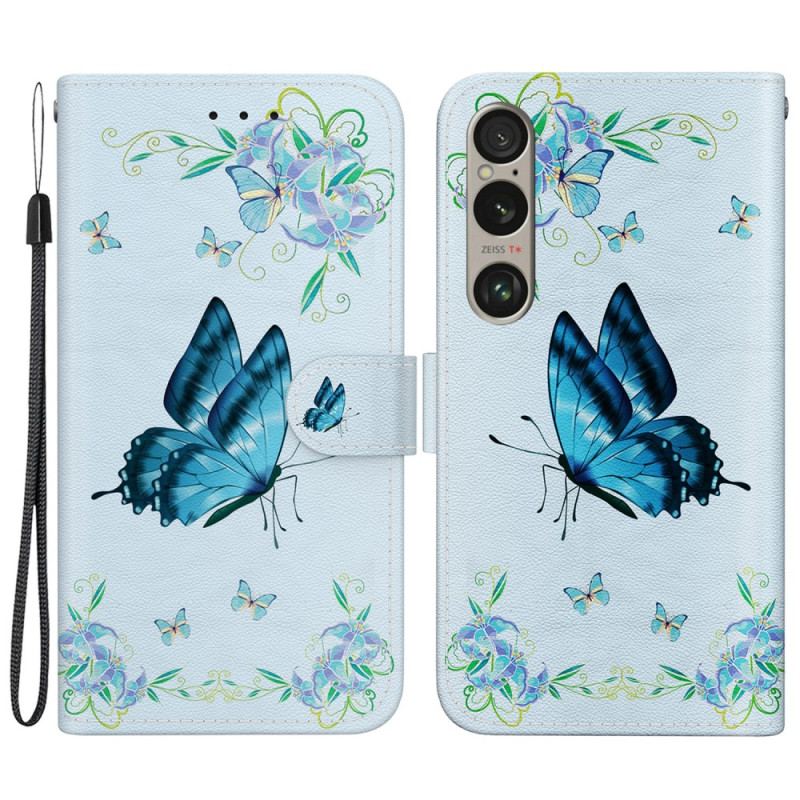 Housse Sony Xperia 1 VI Papillon Bleu et Fleurs à Lanière