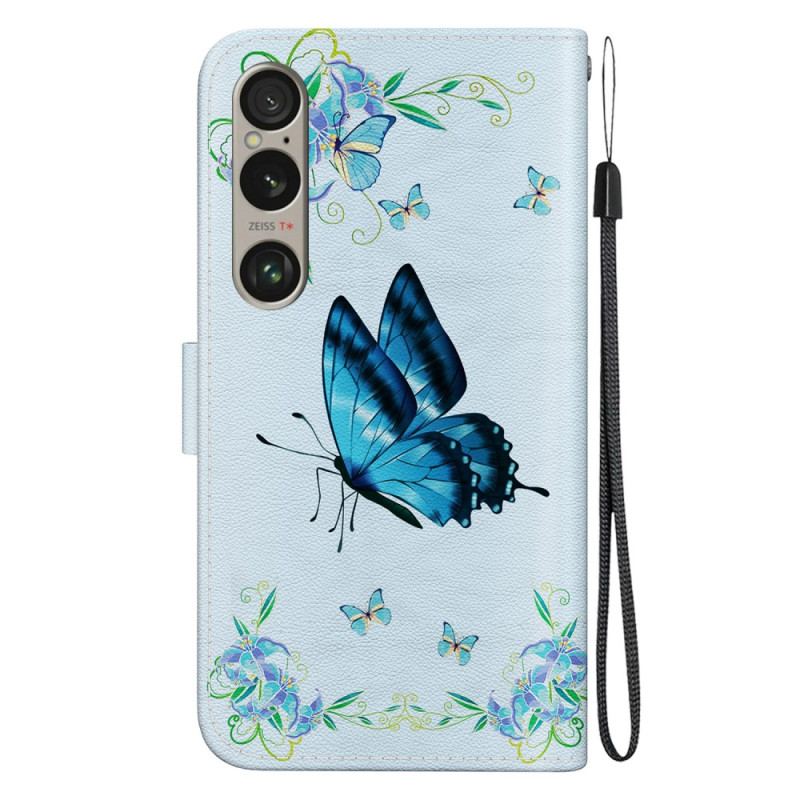 Housse Sony Xperia 1 VI Papillon Bleu et Fleurs à Lanière