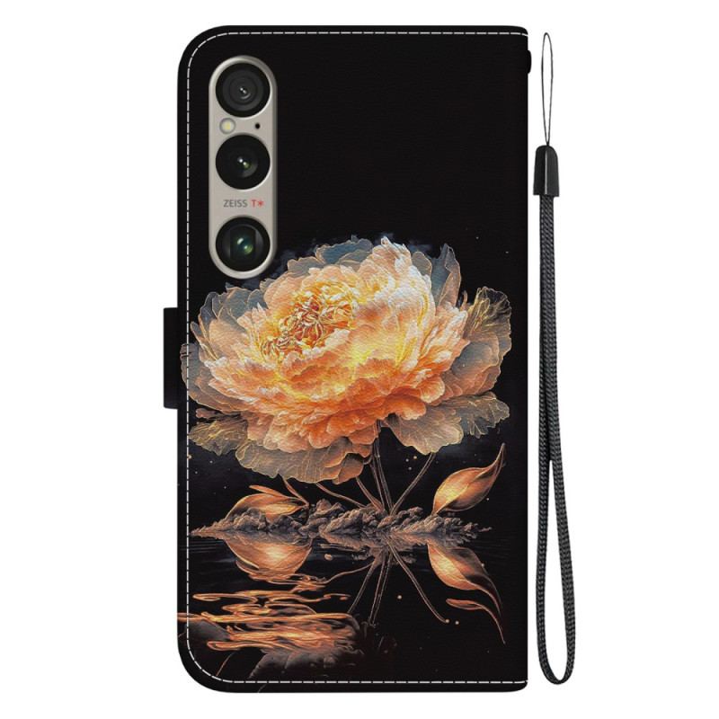 Housse Sony Xperia 1 VI Pivoine Dorée à Lanière