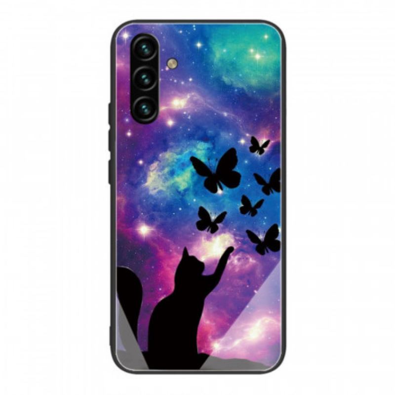 Coque Samsung Galaxy A13 5G / A04s Verre Trempé Chat et Papillons Dans l'Espace