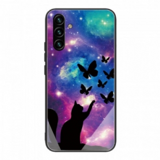 Coque Samsung Galaxy A13 5G / A04s Verre Trempé Chat et Papillons Dans l'Espace