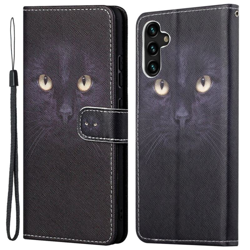 Housse Samsung Galaxy A13 5G / A04s Yeux de Chat Noir à Lanière