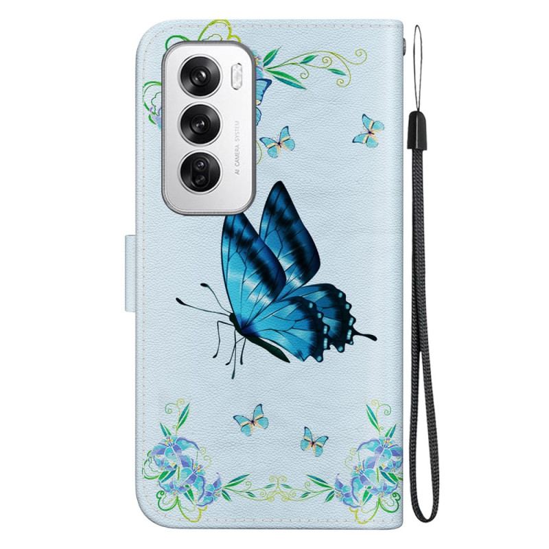 Housse Oppo Reno 12 5G Papillons Bleus et Fleurs à Lanière