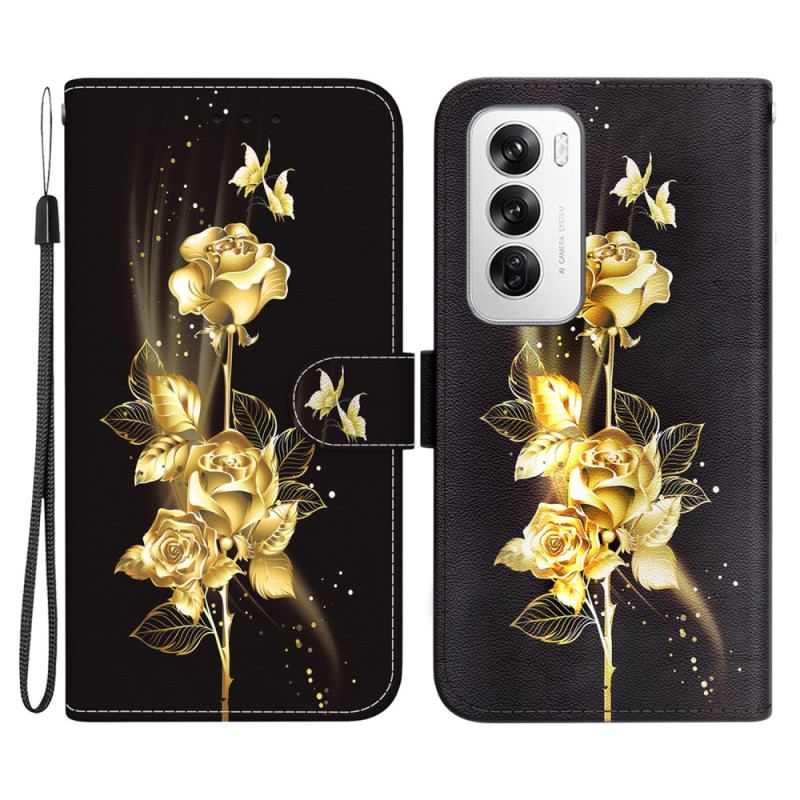 Housse Oppo Reno 12 5G Papillons Dorés et Roses à Lanière