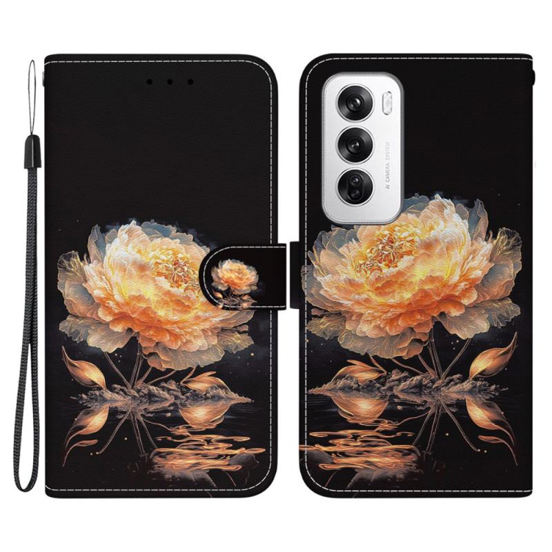 Housse Oppo Reno 12 5G Pivoine Dorée à Lanière