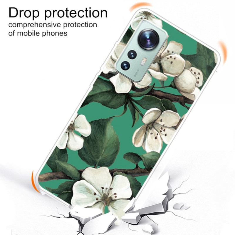 Coque Xiaomi 12 Pro Silicone Fleurs Blanches