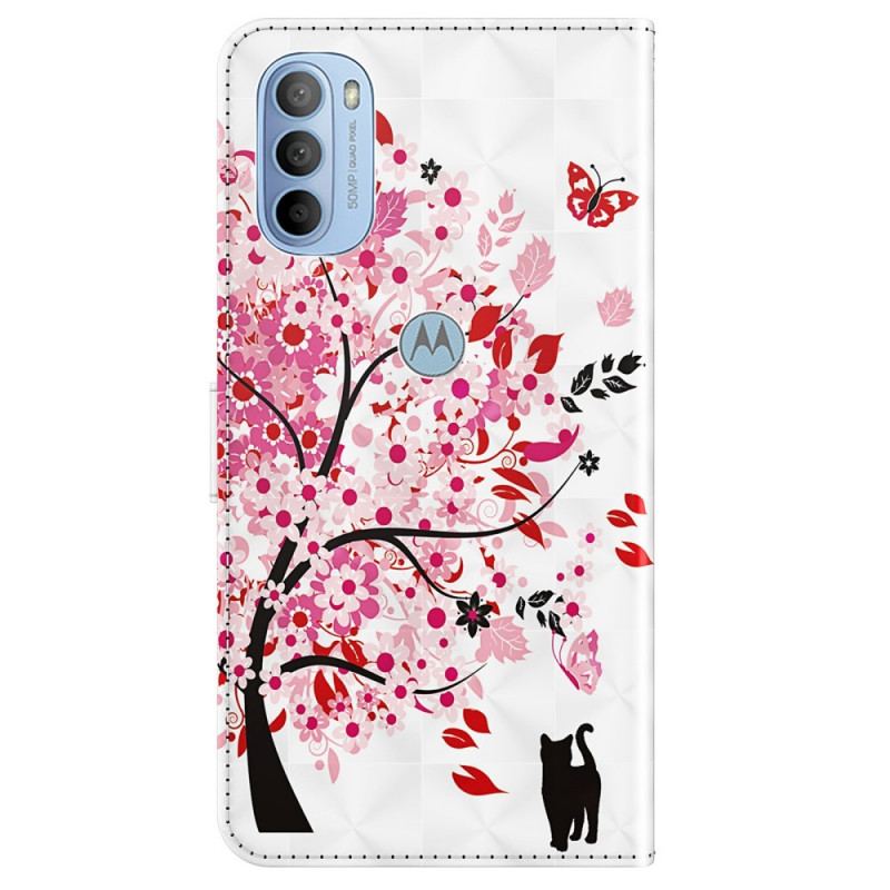 Housse Moto G41 / G31 Arbre Rose et Chat Noir