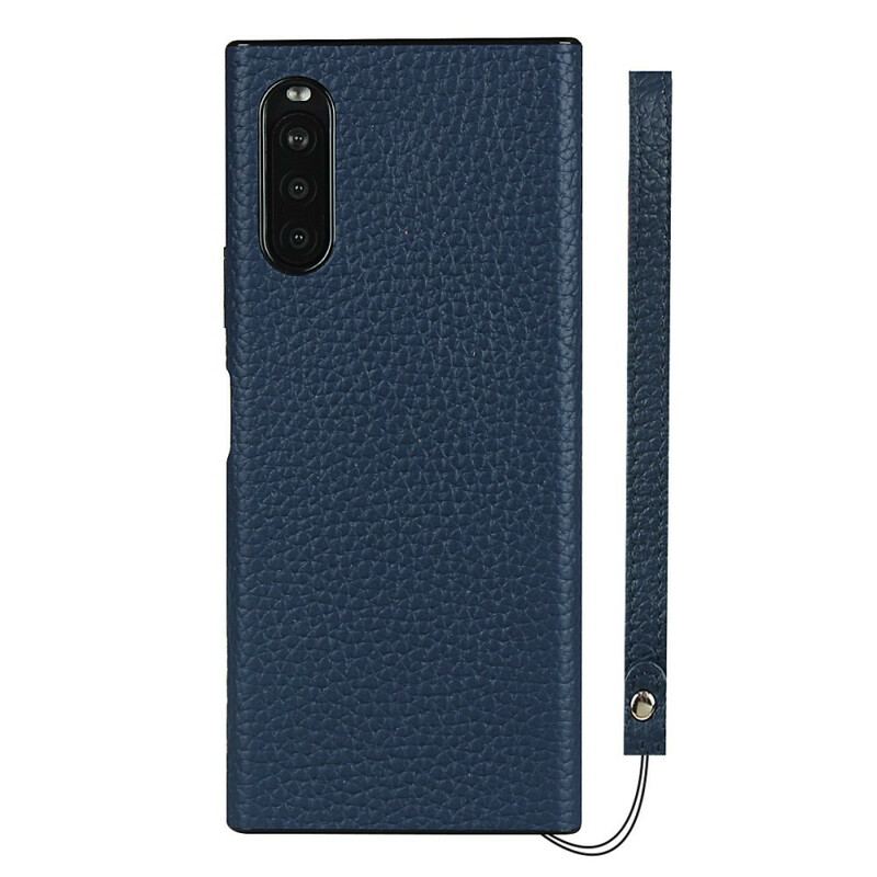 Coque Sony Xperia 10 II Véritable Cuir Litchi avec Lanière